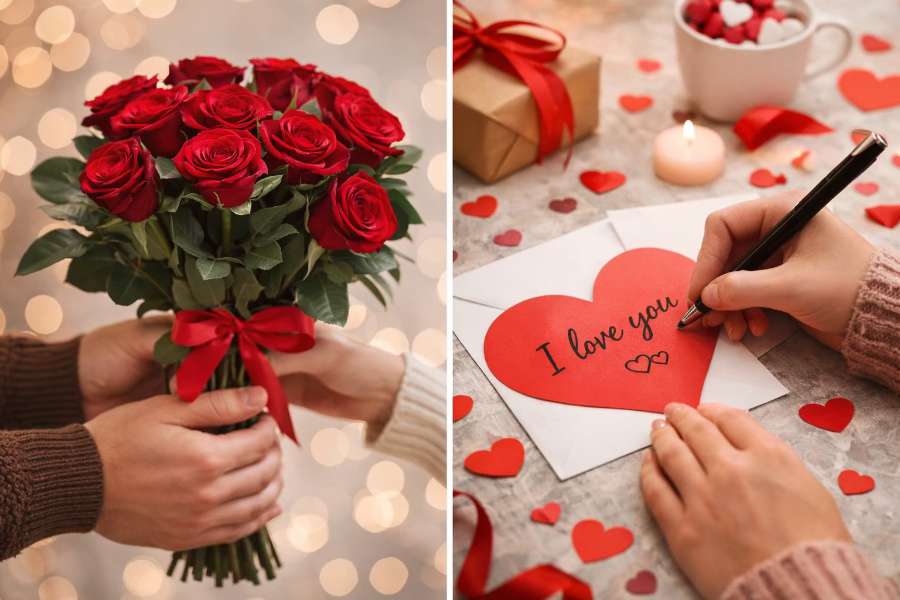 Double image showing roses and a note saying I love you