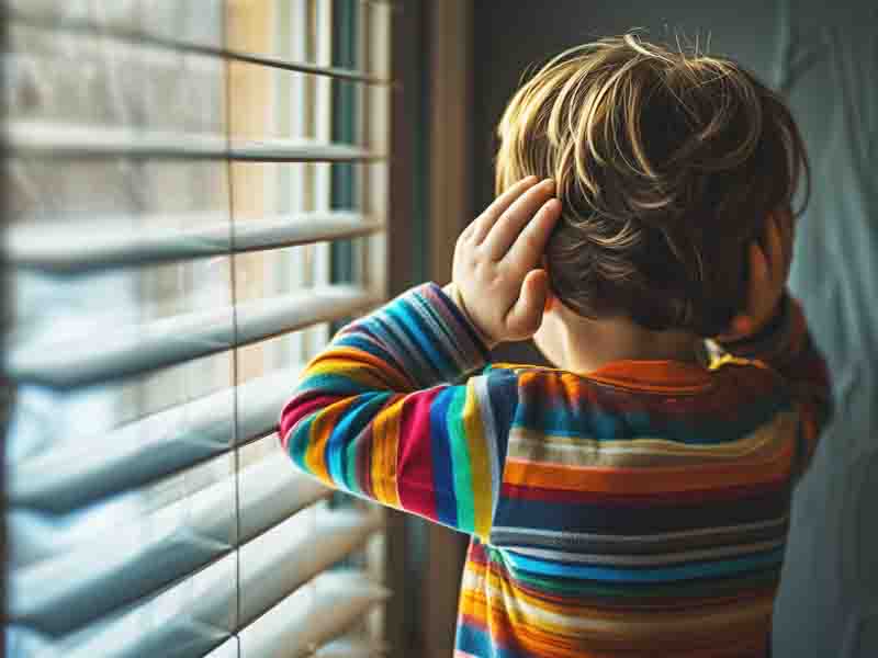 Kid closing his ears with his hands while standing in front of a window