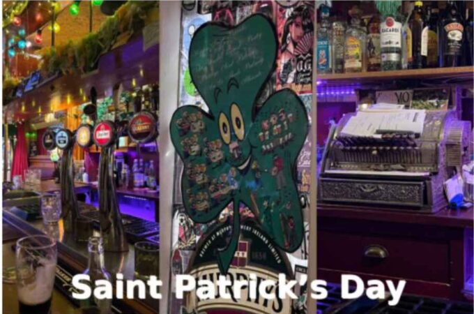 A collage of an Irish Pub images with text overlay saying Saint Patrick's Day