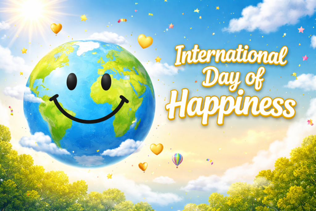 Smiley Globe with International Day of Happiness text next to it