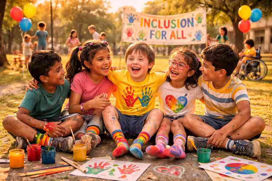 A group of happy kids sitting outdoors with the sign inclusion for all behind them
