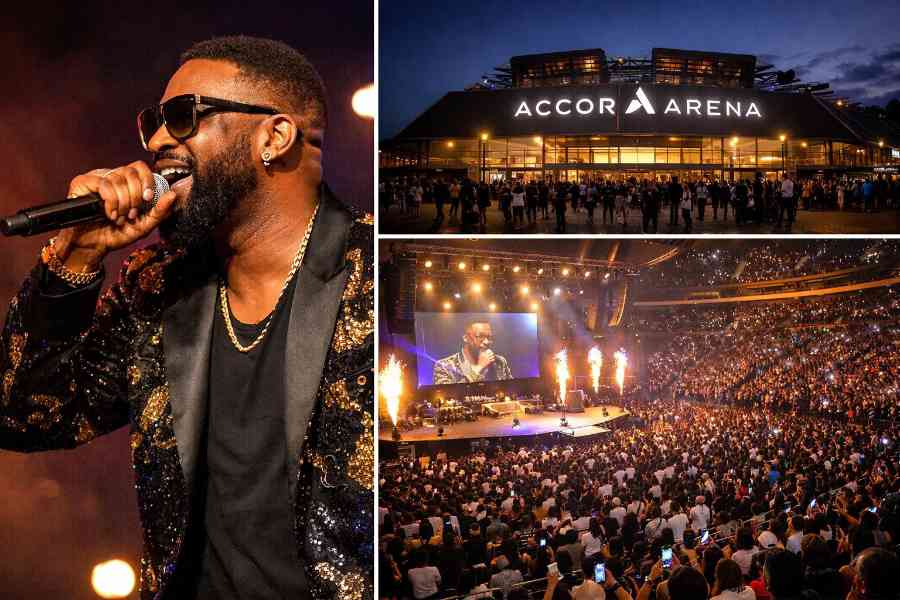 A collage image of Ferre Gola performing, his audience and Accor Arena